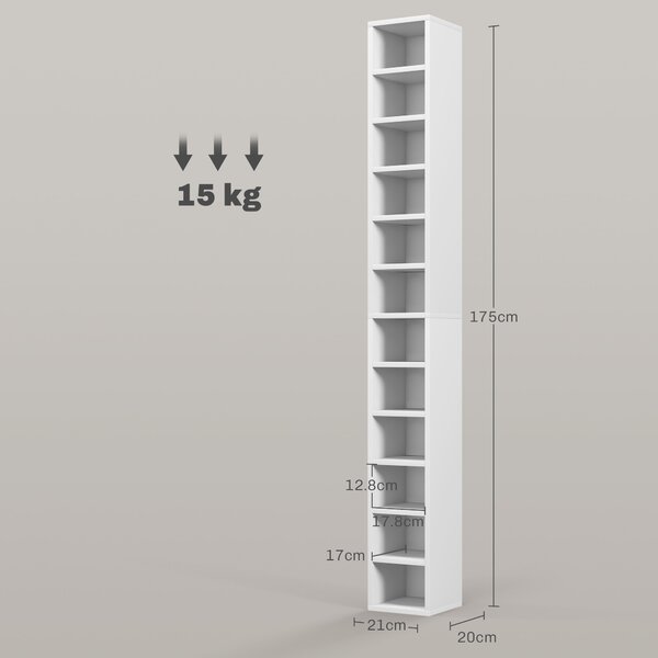HOMCOM Raft Bibliotecă pentru CD-uri cu 12 rafturi, din MDF și panou aglomerat, 21x20x175 cm, Alb | Aosom Romania