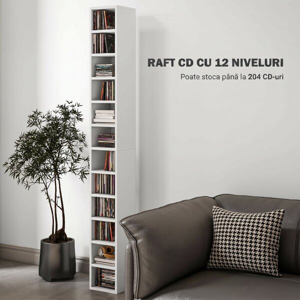 HOMCOM Raft Bibliotecă pentru CD-uri cu 12 rafturi, din MDF și panou aglomerat, 21x20x175 cm, Alb | Aosom Romania