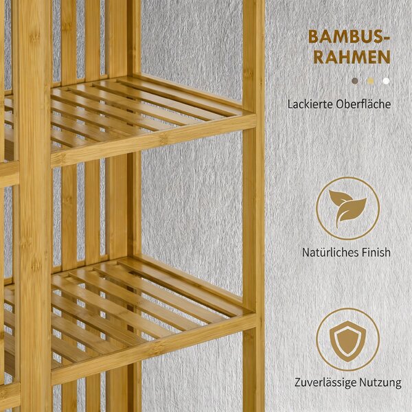 HOMCOM Dulap Deschis din Bambus cu 2 Uși Glisante, Garderobă cu Rafturi și Bară de Haine, 145x35x165 cm, Lemn Natural | Aosom Romania