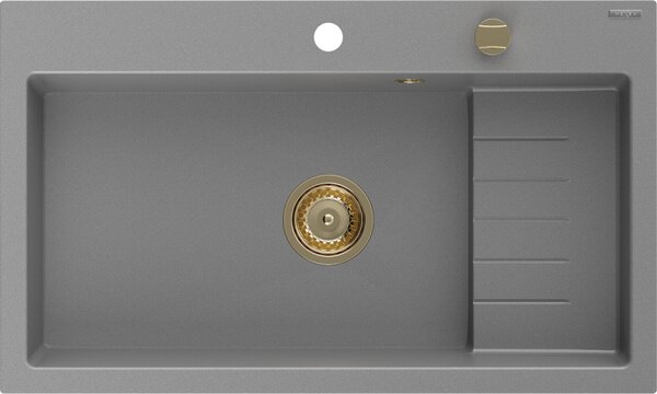 Mexen Omar chiuvetă de bucătărie din granit cu 1 compartiment 800 x 480 mm, gri, sifon auriu - 6520801005-71-G