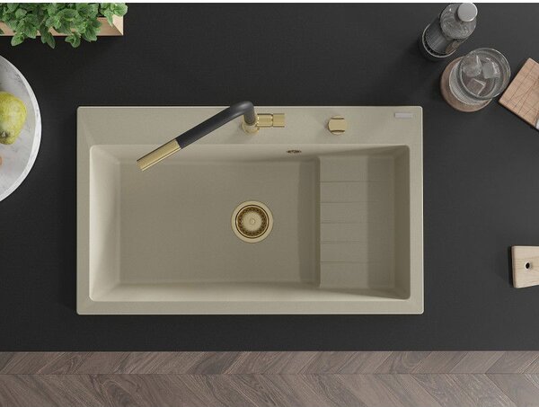 Mexen Omar chiuvetă de bucătărie din granit cu 1 cuvă 800 x 480 mm, bej, sifon auriu - 6520801005-69-G