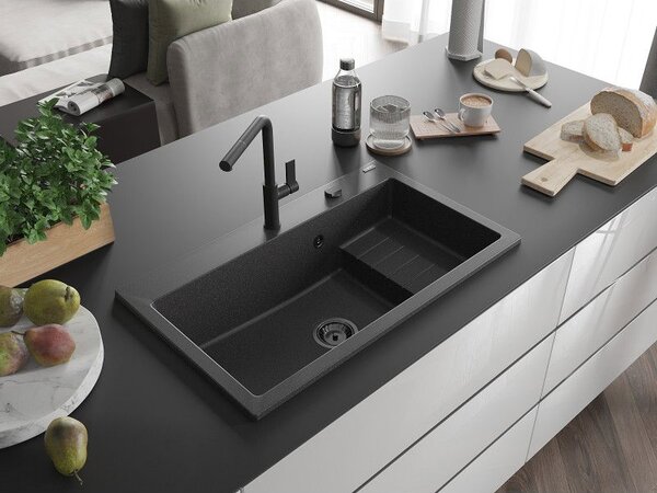 Mexen Omar chiuvetă de granit cu 1 compartiment 800 x 480 mm, negru cu pete, sifon negru - 6520801005-76-B
