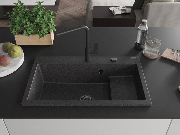 Mexen Omar chiuvetă de granit cu 1 compartiment 800 x 480 mm, negru cu pete, sifon negru - 6520801005-76-B