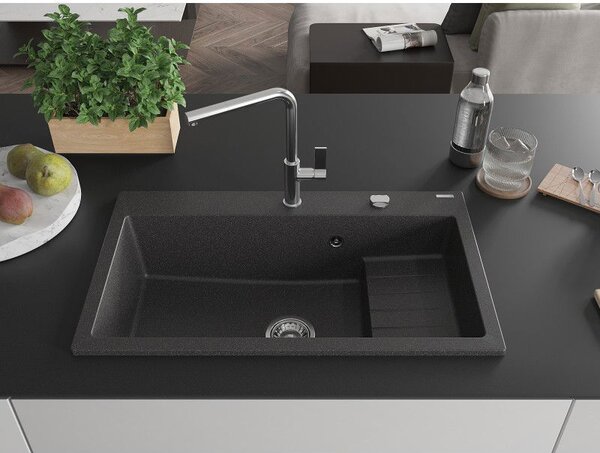 Mexen Omar chiuvetă de granit cu 1 compartiment 800 x 480 mm, neagră cu pete, sifon cromat - 6520801005-76