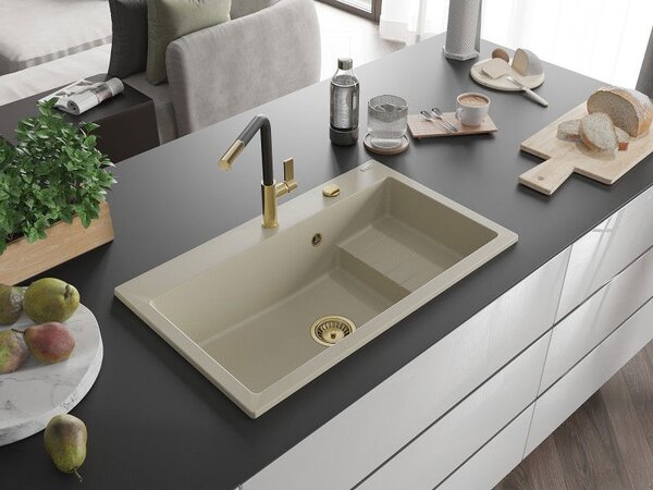 Mexen Omar chiuvetă de bucătărie din granit cu 1 cuvă 800 x 480 mm, bej, sifon auriu - 6520801005-69-G