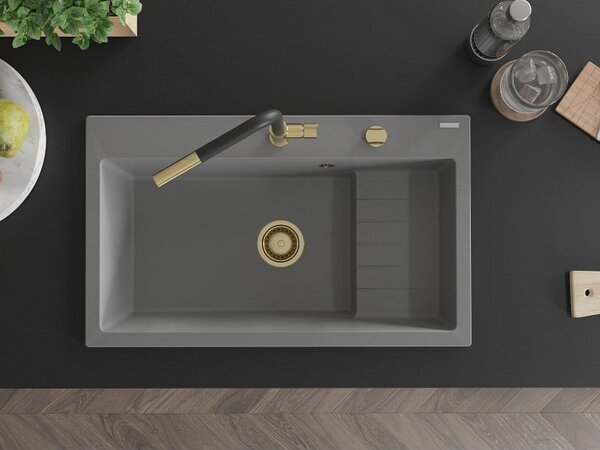 Mexen Omar chiuvetă de bucătărie din granit cu 1 compartiment 800 x 480 mm, gri, sifon auriu - 6520801005-71-G