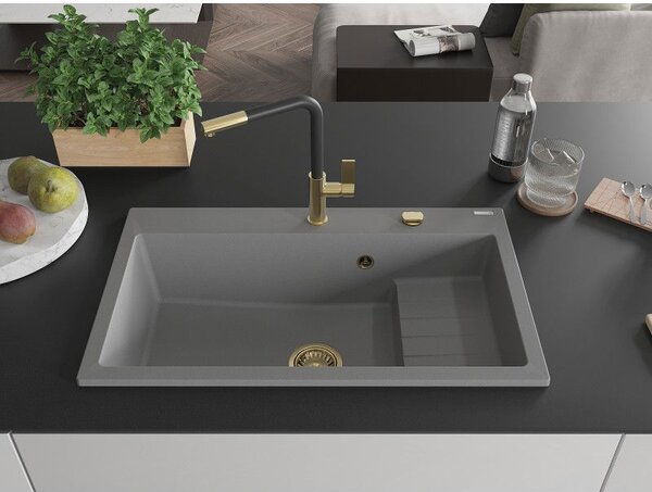 Mexen Omar chiuvetă de bucătărie din granit cu 1 compartiment 800 x 480 mm, gri, sifon auriu - 6520801005-71-G