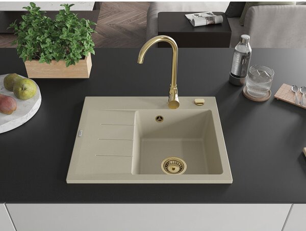 Mexen Ben chiuvetă de granit cu 1 compartiment și scurgător, dreapta 600 x 500 mm, bej, sifon auriu - 6523605000-69-G