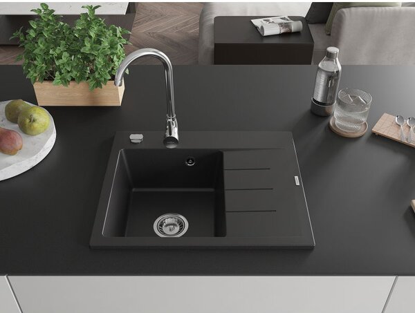 Mexen Ben chiuvetă de granit cu 1 compartiment și scurgător, stânga 600 x 500 mm, negru, sifon cromat - 6522605000-77