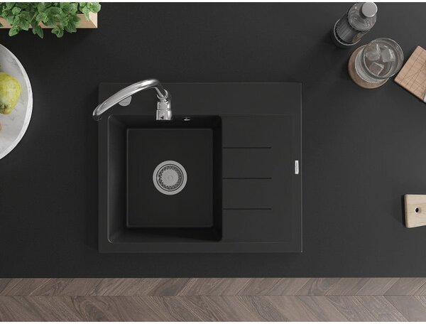 Mexen Ben chiuvetă de granit cu 1 compartiment și scurgător, stânga 600 x 500 mm, negru, sifon cromat - 6522605000-77