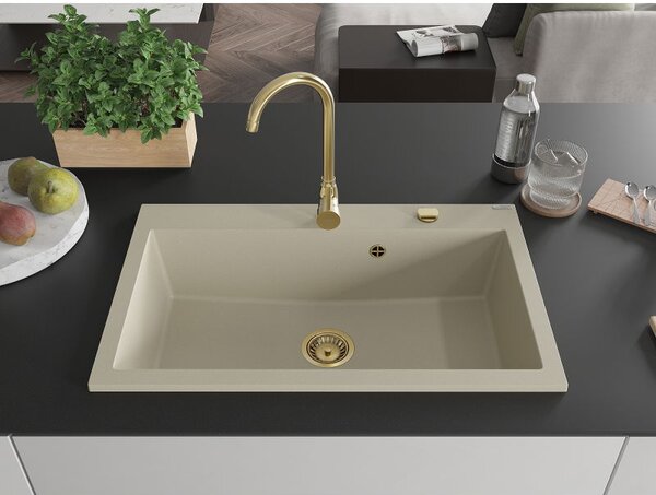 Mexen Elix chiuvetă de bucătărie din granit cu 1 compartiment 800 x 500 mm, bej, sifon aurit - 6527801005-69-G