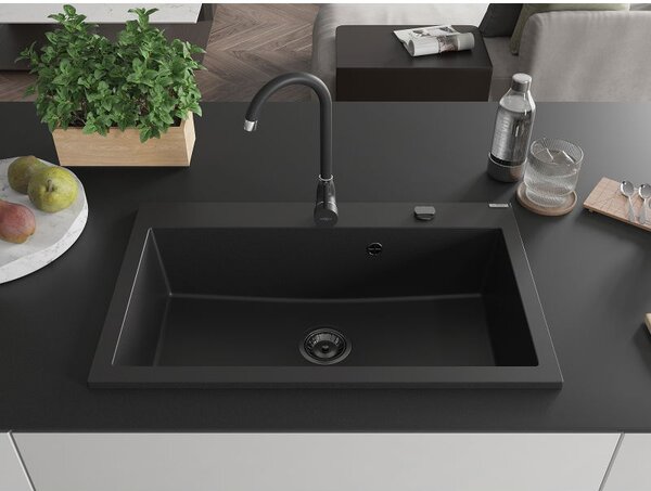 Mexen Elix chiuvetă de granit 1 compartiment 800 x 500 mm, negru, sifon negru - 6527801005-77-B
