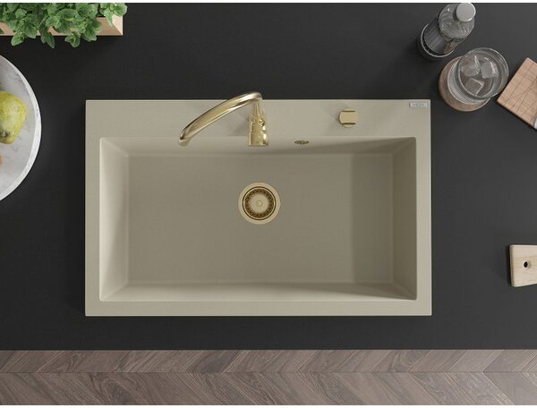 Mexen Elix chiuvetă de bucătărie din granit cu 1 compartiment 800 x 500 mm, bej, sifon aurit - 6527801005-69-G