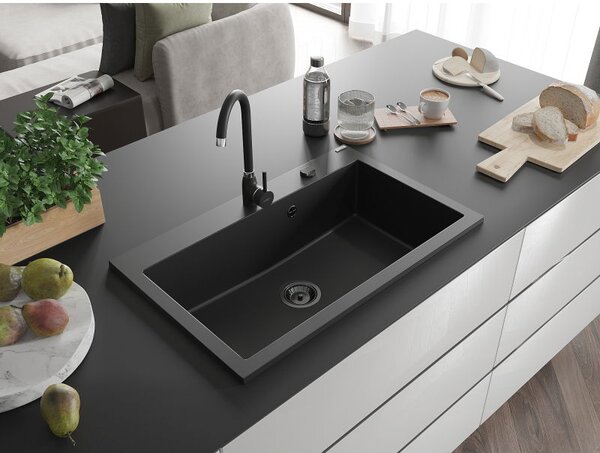 Mexen Elix chiuvetă de granit 1 compartiment 800 x 500 mm, negru, sifon negru - 6527801005-77-B