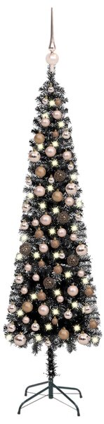 Set pom de Crăciun subțire cu LED-uri și globuri negre 180 cm