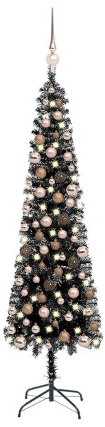 Set brad de Crăciun subțire cu LED-uri&globuri, negru, 150 cm
