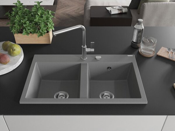 Mexen Hektor chiuvetă din granit cu 2 compartimente 800 x 480 mm, gri, sifon crom - 6521802000-71