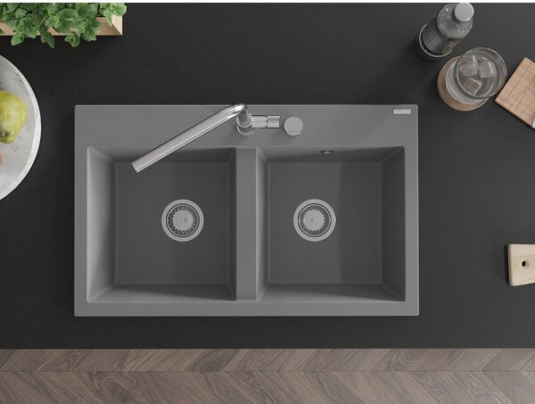 Mexen Hektor chiuvetă din granit cu 2 compartimente 800 x 480 mm, gri, sifon crom - 6521802000-71