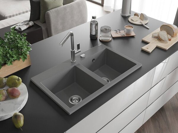 Mexen Hektor chiuvetă din granit cu 2 compartimente 800 x 480 mm, gri, sifon crom - 6521802000-71