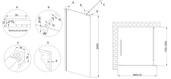 Invena perete cabină de duș walk-in 100 cm crom semi lucios/sticla transparentă AK-32-102