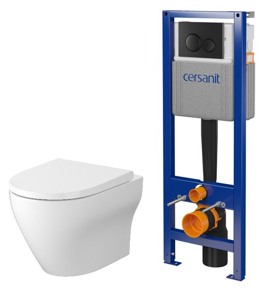 Set vas WC cu capac soft-close Cersanit Larga S701-885, cadru ascuns cu buton de acționare Cersanit S701-779
