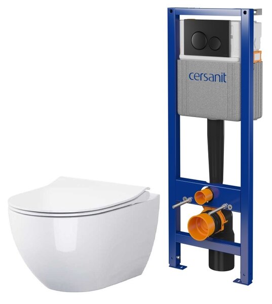 Set vas WC cu capac soft-close Cersanit Zen S701-428, cadru ascuns cu buton de acționare Cersanit S701-779