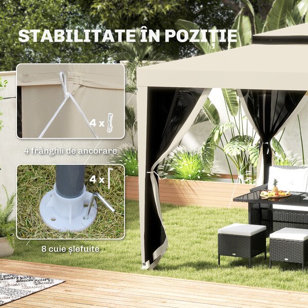 Outsunny Foisor de Gradina cu Plasa de Tantari, Foisor 3x3 m cu Acoperis Dublu si Cadru din Metal, Bej