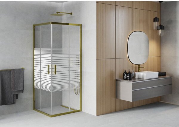 Mexen Rio cabina de duș pătrată 90 x 90 cm, dungi albe, aurie - 860-090-090-50-20