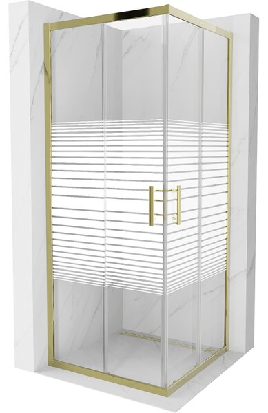 Mexen Rio, duș pătrat cu ușă glisantă 80 (uşă) x 80 (uşă) x 190 cm, sticlă transparentă de 6 mm cu benzi, profil auriu, 860-080-080-50-20