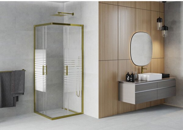 Mexen Rio cabina de duș pătrată 90 x 90 cm, dungi albe, aurie - 860-090-090-50-20