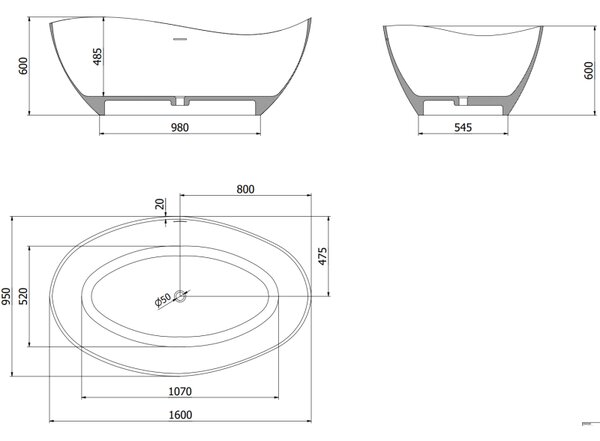 Mexen Parma, cadă de sine stătătoare din conglomerat 160 x 95 cm, alb mat, 57231609500