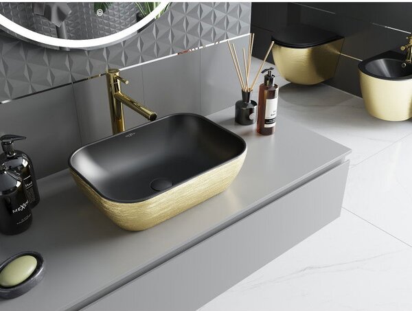 Mexen Rita chiuvetă de blat 45 x 32 cm, negru mat/model linii aurii - 21084577