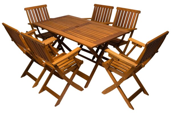 Set masa cu 6 scaune pliabile cu brate Bremen, lemn, dreptunghiulara 75x134,9x72,5 cm