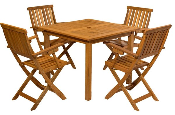 Set mobilier terasa / gradina Essen, masa si 4 scaune pliabile, cu brate, lemn Meranti, patrata, teak