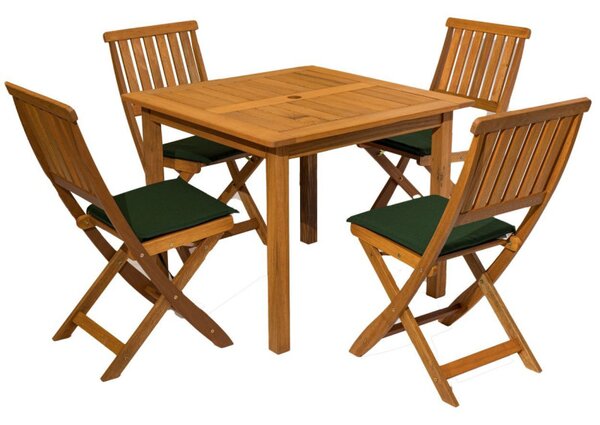 Set mobilier terasa / gradina Essen, masa si 4 scaune pliabile, perne, lemn de Meranti, patrata, teak