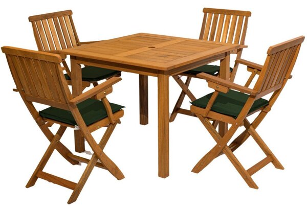 Set mobilier terasa / gradina Essen, masa si 4 scaune pliabile cu brate, perne, lemn de Meranti, patrata, teak