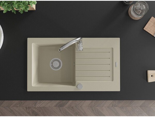 Mexen Pablo chiuvetă din granit cu 1 compartiment și scurgător 752 x 436 mm, bej, sifon crom - 6510751010-69