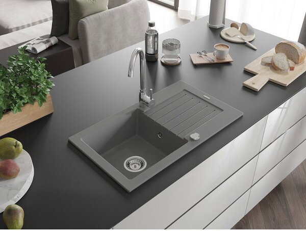 Mexen Pablo chiuvetă din granit cu 1 compartiment și scurgător 752 x 436 mm, gri, sifon crom - 6510751010-71