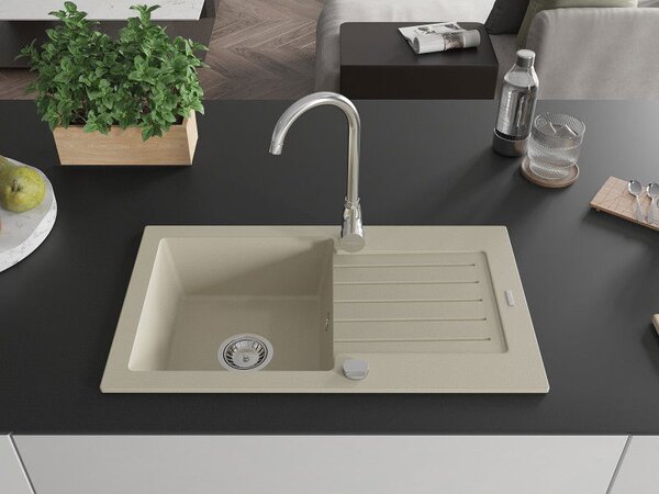 Mexen Pablo chiuvetă din granit cu 1 compartiment și scurgător 752 x 436 mm, bej, sifon crom - 6510751010-69