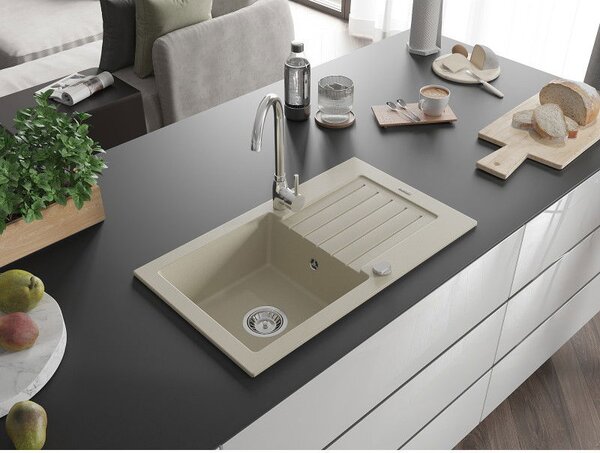 Mexen Pablo chiuvetă din granit cu 1 compartiment și scurgător 752 x 436 mm, bej, sifon crom - 6510751010-69