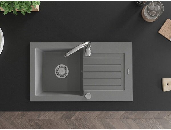 Mexen Pablo chiuvetă din granit cu 1 compartiment și scurgător 752 x 436 mm, gri, sifon crom - 6510751010-71