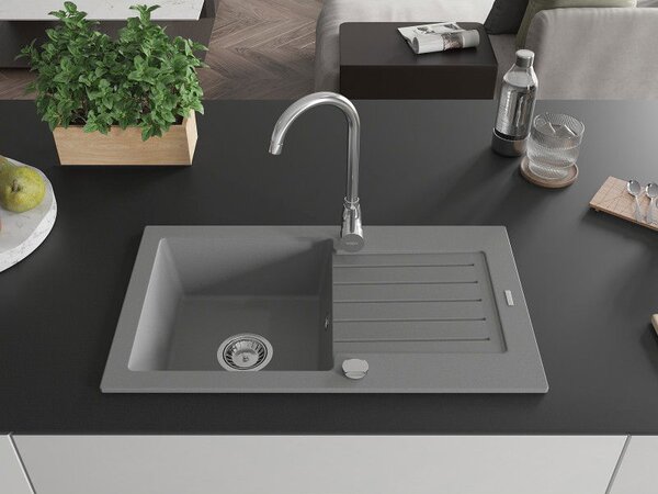 Mexen Pablo chiuvetă din granit cu 1 compartiment și scurgător 752 x 436 mm, gri, sifon crom - 6510751010-71