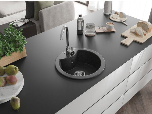 Mexen Diego chiuvetă de bucătărie granitică cu 1 cuvă 488 x 480 mm, neagră, sifon crom - 6512481000-77