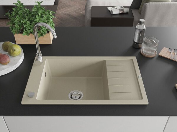 Mexen Elias chiuvetă de bucătărie din granit cu 1 compartiment și picurător 795 x 480 mm, bej, sifon crom - 6511791005-69