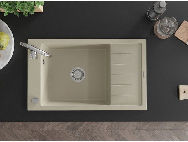 Mexen Elias chiuvetă de bucătărie din granit cu 1 compartiment și picurător 795 x 480 mm, bej, sifon crom - 6511791005-69