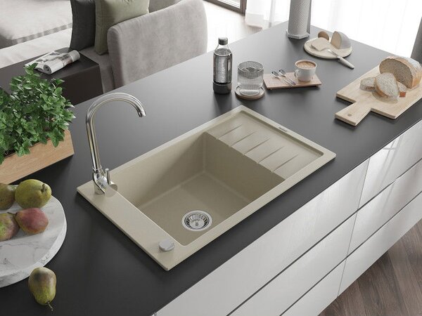 Mexen Elias chiuvetă de bucătărie din granit cu 1 compartiment și picurător 795 x 480 mm, bej, sifon crom - 6511791005-69