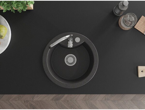 Mexen Diego chiuvetă de bucătărie granitică cu 1 cuvă 488 x 480 mm, neagră, sifon crom - 6512481000-77