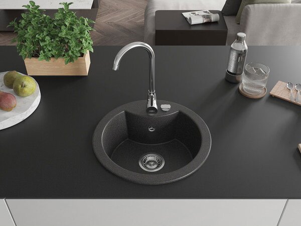 Mexen Diego chiuvetă de bucătărie granitică cu 1 cuvă 488 x 480 mm, neagră, sifon crom - 6512481000-77