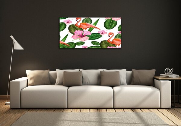 Tablou sticlă Flamingos și plante