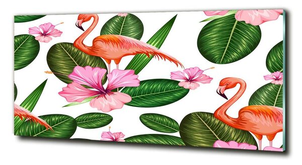 Tablou sticlă Flamingos și plante